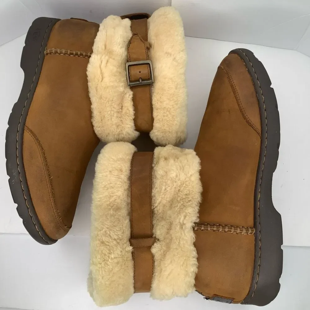 UGG Brielle Nubuck Brown Chestnut Shearling Leather Women Mid Calf Boots Sz 10